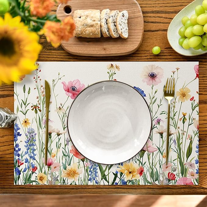 AOFOTO Floral Placemats Set of 4 Colorful Wild Flower Plants Printed Place Mats Artistic Rectangular Modern Table Mats for Home Kitchen Restaurant Party Dining Table Decor 12x18 Inch