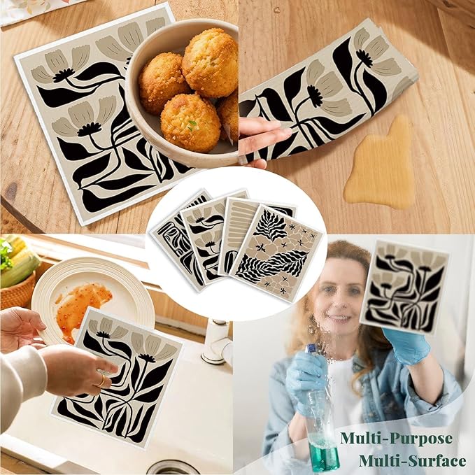 Swedish Dishcloths for Kitchen, Floral Boho Botanical Swedish DishCloths, Papaya Reusable Paper Towels Washable, 4 Pcs Dish Towels for Kitchen Party Home Housewarming Cleaning Cloths