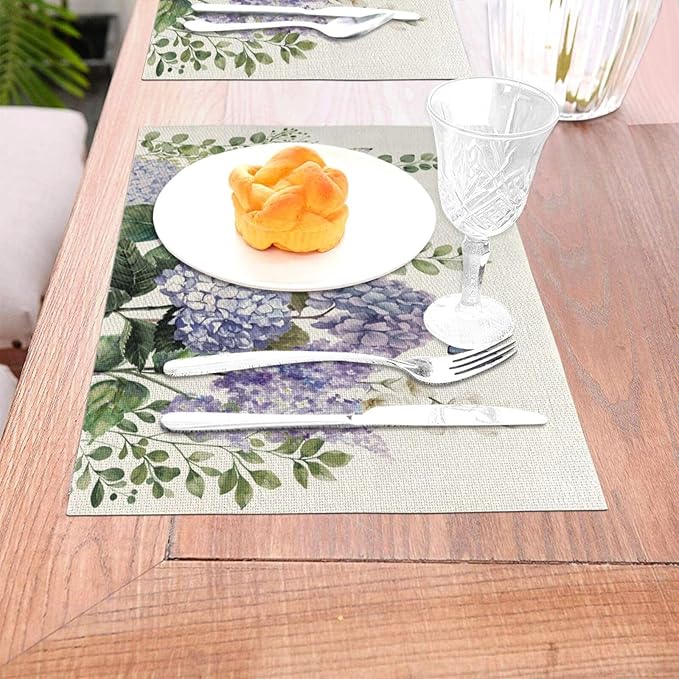Spring Placemats 12x18 Inches Set of 4,Blue Violet Hydrangea Floral Decorative Rectangle Summer Seasonal Flower Decoration Table Mats for Party, Home Kitchen,Dining Table Decor