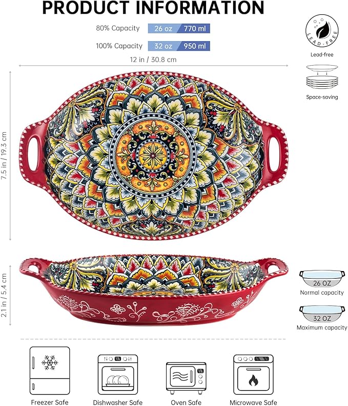 Henten Home Pasta Bowls with Handle, 32 oz Porcelain Salad Bowls Set of 4, Ceramic Colorful Serving Dishes for Dinner, Vegtable, Fruit, Microwave & Dishwasher Safe