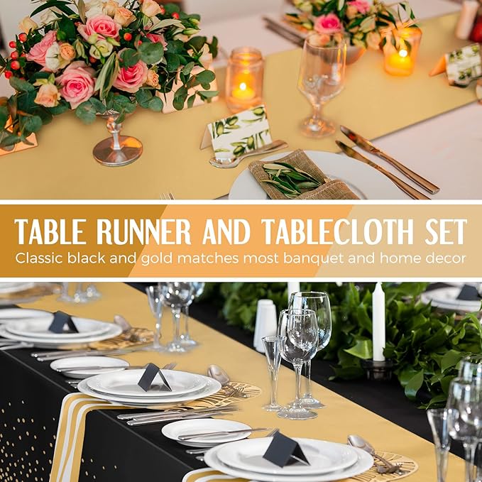 Breling 24 Packs Black and Gold Disposable Plastic Tablecloths and Satin Table Runner Set, 54 x 108 Inch Tablecloth, 12 x 108 Inch Table Runners for Wedding Graduation Birthday Baby Shower