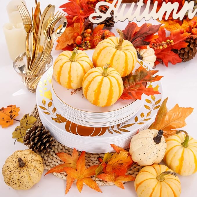 Ciaell 125PCS Thanksgiving Plastic Plates - Fall Pumpkin Disposable Plates White and Gold Heavy Duty Dinnerware Set include 25Dinner Plate, 25Desset Plate, 25Knives, 25Forks, 25Spoons for Thanksgiving