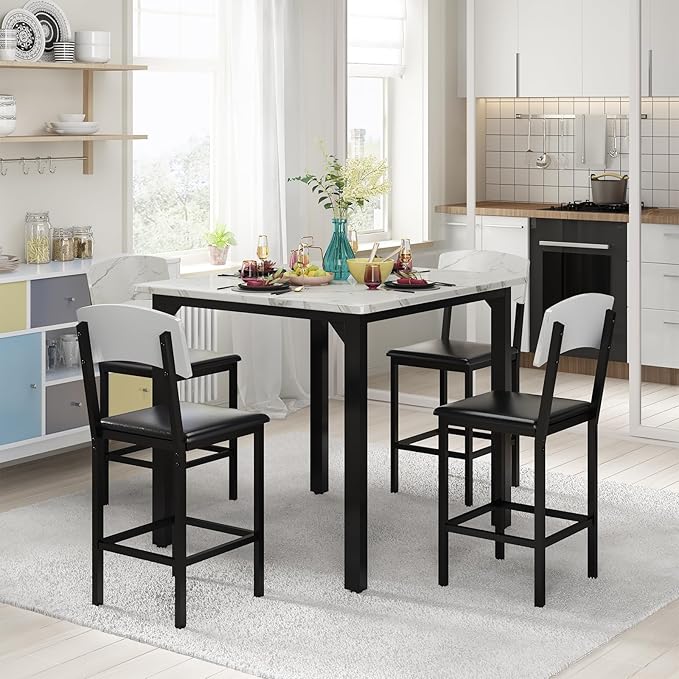 AWQM 5-Piece Dining Table Set, Dining Table Set for 4, Counter Height Table & 4 Bar Stools, Modern Kitchen Dining Set, with Upholstered Chairs, Compact Dining Set for Small Spaces, Marble Texture