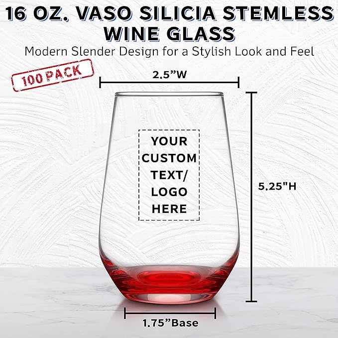 DISCOUNT PROMOS 100 Vaso Silicia Stemless Wine Glasses Set, 16 oz. - Personalized Text, Logo - Clear, Orb-Like, Thick base - Red