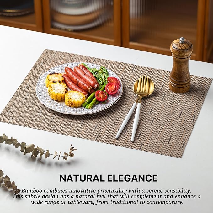 LEXMORE Placemats Set of 6 Vinyl/Plastic Woven Place Mats for Kitchen Table Indoor/Outdoor Washable Placemat Wipeable Dining Table Mats(Light Brown)
