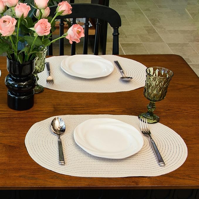 Noctiflorous Oval Braided Placemats Set of 4 Woven 12x18 Inch Non Slip Washable Heat Resistant Place Mats Round Tablemats for Dining Kitchen Party Daily Table Decor Dinner Mats (Solid Beige White, 4)