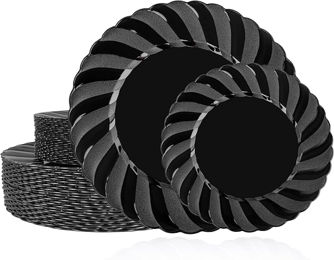 U-QE 60 Pcs Black Plastic Plates for Party – Black Plastic Disposable Heavy Duty – Include 30 10.25" Dinner & 30 7.25" Dessert Plate - Perfect for Parties, Weddings