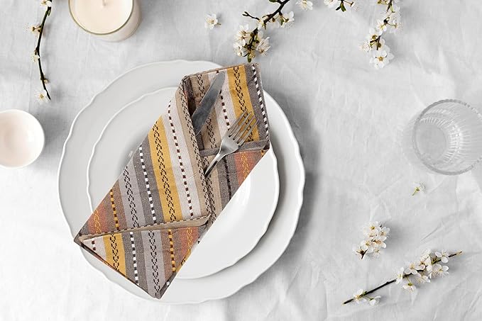 ACCENTHOME 100% Cotton Salsa Stripe Napkin Set of 12 18x18 inch Beige/Mustard Multicolour Dinner Napkins - Washable Soft Premium Hotel Quality Reusable Perfect Table Linen for Family Dinners Wedding