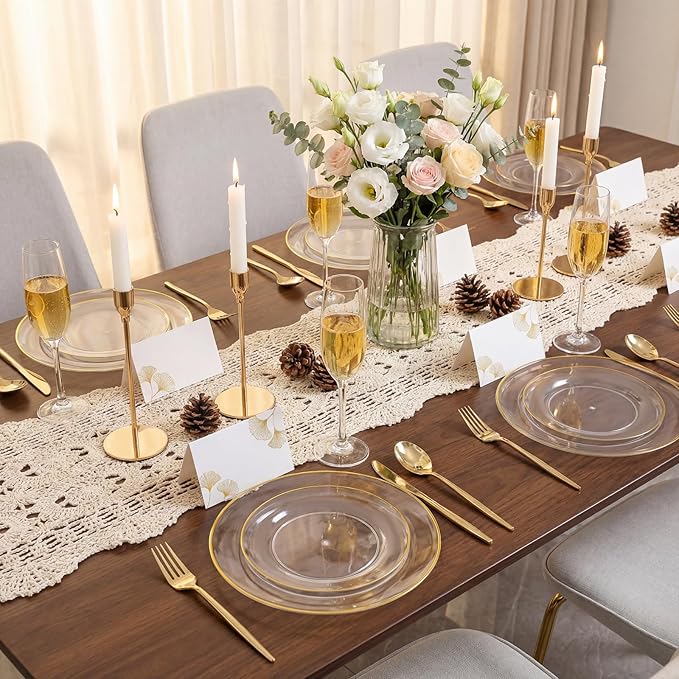I00000 Clear Plastic Plates with Gold Rim,Fancy Clear Disposable Plates,Nice Disposable Plates Set include 30 Dinner Plate,30 Dessert Plate, 90 plastic Silverware Set for Valentine's Day