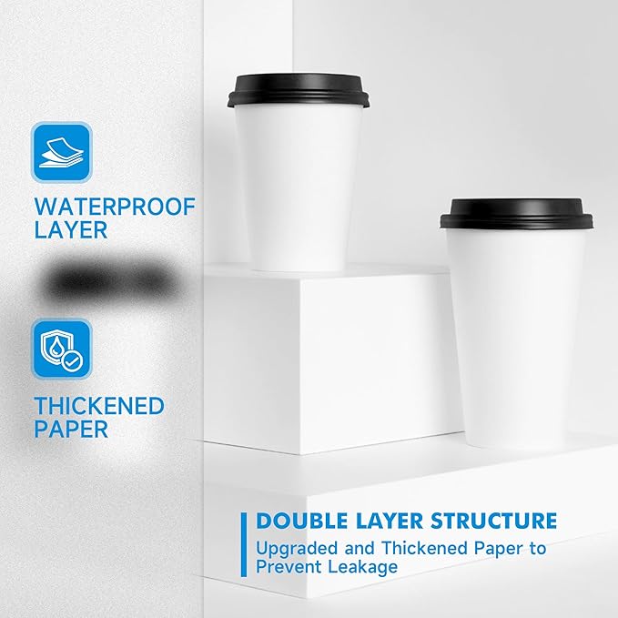 RACETOP 50 Pack 12 oz Disposable Paper Coffee Cups with Lids and Kraft Sleeves, Paper Coffee Cups with Lids and Kraft Sleeves 12 oz, Hot Cups for Home/Office