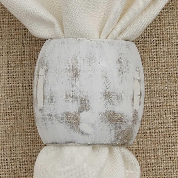 Split P Sun Washed Cuff Napkin Ring Set of 4 | Rustic Cream Mango Wood Napkin Holders with Antique Finish | 2" x 2.5" | Farmhouse, Coastal & Boho Table Decor