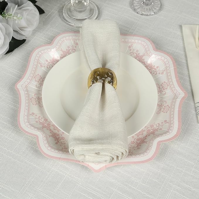 50 Pack 8" White Pink French Toile Dessert Plates, Disposable Round Paper Floral Pattern Appetizer Salad Plates 300 GSM for Party Decoration