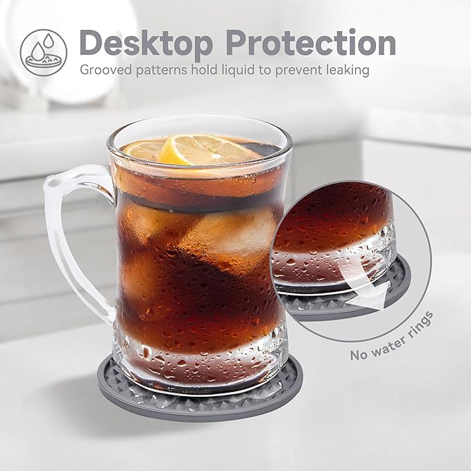 Coasters for Drinks, Silicone Coasters Set of 8 with Metal Holder, Outdoor Coaster for Coffee Table, Non-Slip Rubber Table Cup Mat Desk, Heat Resistant & Scratch-Proof (Grey)