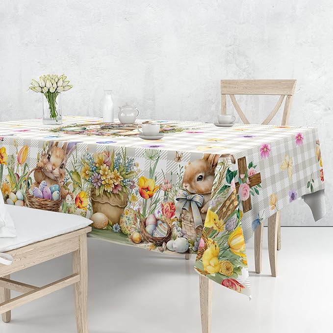 Easter Tablecloth 60 x 84 Inch Rectangle, Easter Bunny Table Cloth Buffalo Check Plaid Kitchen Table Cover for Dining Room Spring Oblong Tablecloth Indoor Decor