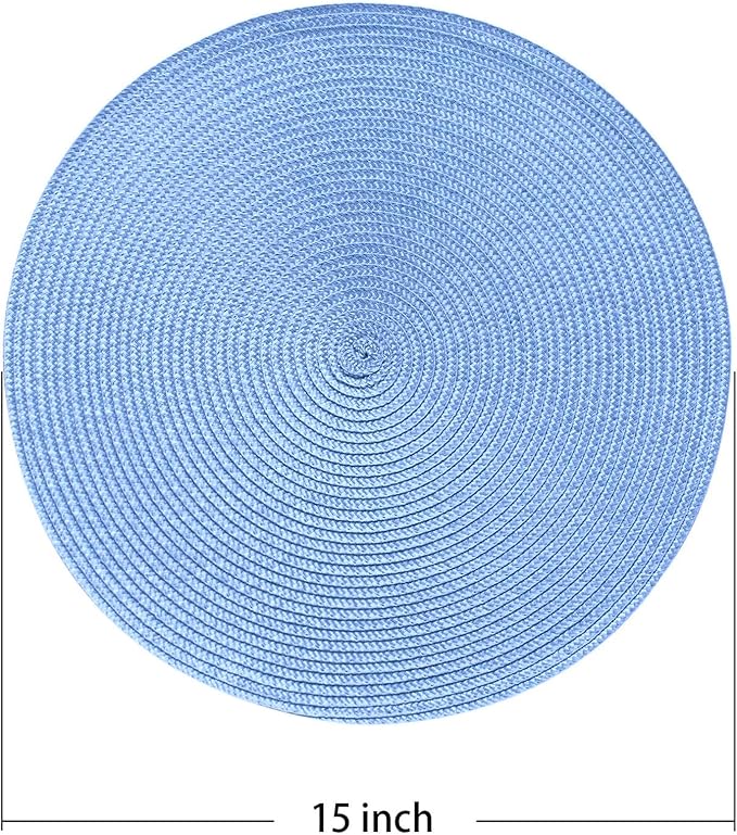 AHHFSMEI Round Braided Placemats 15 Inch Round Table Mats for Dining Tables Natural Woven Heat Resistant Place mats Set of 6 (Sky Blue)