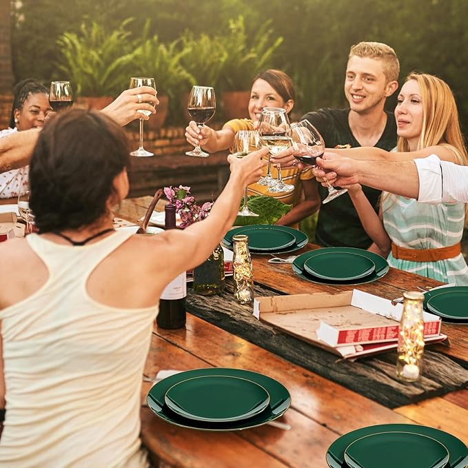 YOUBET 175PCS Green Plastic Plates - Green and Gold Disposable Plates Include 50 Plate, 75 Silverware, 25 Cups, 25 Napkins for Wedding & Party
