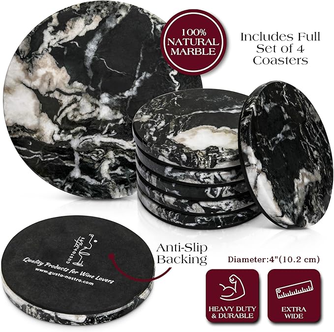 Gusto Nostro Black Marble Coasters Set of 4 - Luxury Natural Stone Coasters for Drinks - Genuine Marble Kitchen Accessories, Round Artisanal Stone Coaster for Kitchen Counter, Coffee Table, Home Decor