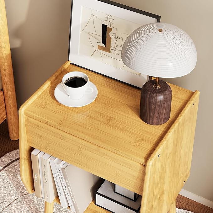 ZIYOO Nightstand with Drawer Open Shelf, Mid Century Modern Bedside Table, Small End Table for Living Room&Small Spaces, Bedroom, Natural Bamboo