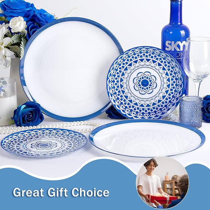 EI 60pcs Blue Plastic Plates Disposable Blue and White Floral Baroque Plastic Plates Fancy Decorative Plate Disposable Heavy Duty with Retro Classic Art Suitable for for Party,Birthday,Wedding