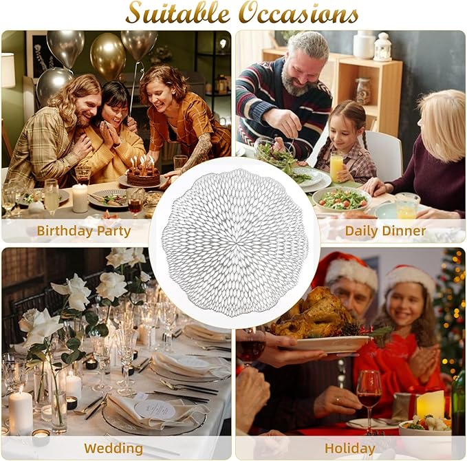 Round Placemats Set of 6, Hollow Out Table Mats Washable Wipeable Vinyl Place Mats for Wedding Party Kitchen Decorations