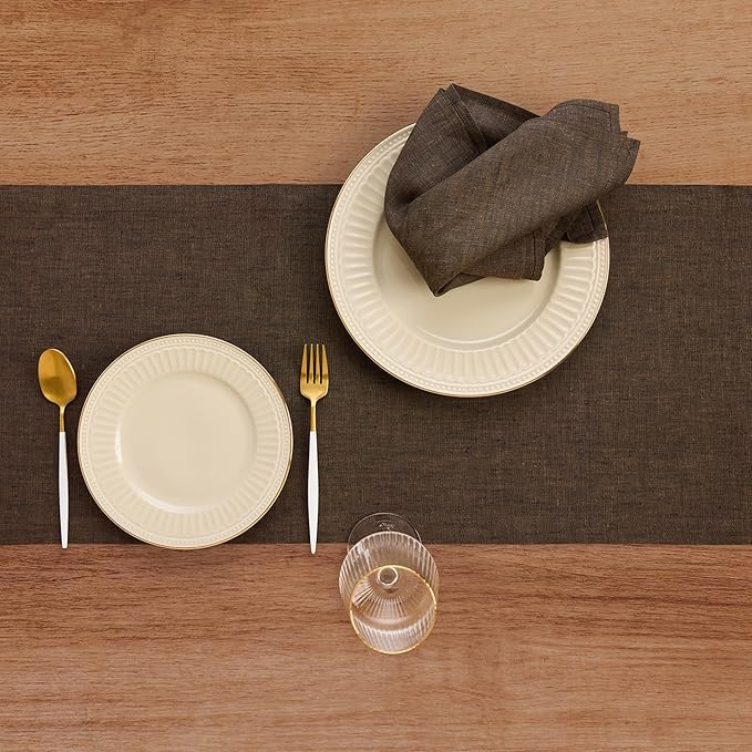 Solino Home Linen Chambray Brown Table Runner 108 Inches Long - Athena, 100% Pure Linen Dining Table Runner 14 x 108 Inch for Winter - Handcrafted and Machine Washable