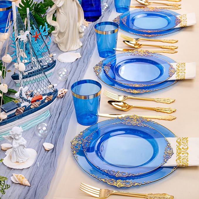Hioasis 210pcs Blue and Gold Plates - Blue Party Plates for 30 Guest, Include 60 Heavy-duty Plates(20% Thicker Than Standard), 30 Pre Rolled gold Plastic goldware Set, 30 Cups
