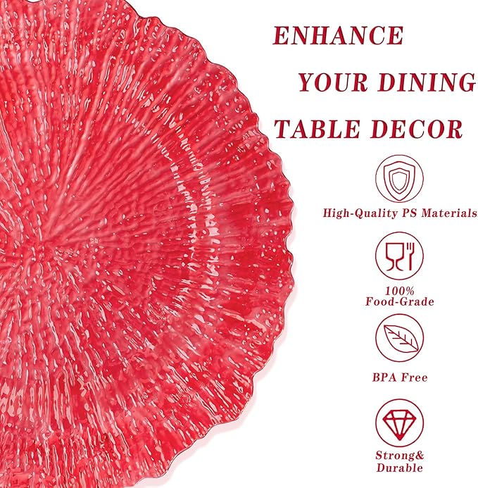 U-QE 60PCS Clear and Red Plastic Plates - Reef Plastic Plates Disposable&Reusable - Clear Red Plates Including 30 Plastic Dinner Plates 10" & 30 Plastic Dessert Plates 7" Perfect for Valentine's Day