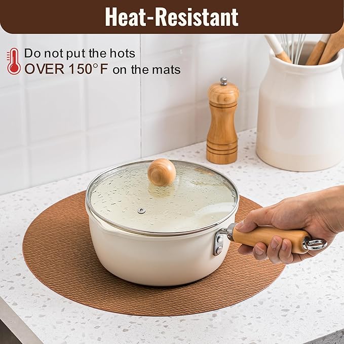Jovono 15" Faux Leather Big Round Placemats Set of 8 - Washable Heat Resistant Non-Slip Dining Table Mats with Fabric Texture for Kitchen Home Party Decor, Brown