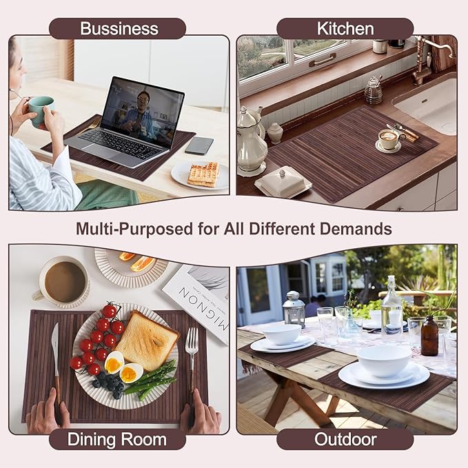 Bamboo Placemats with Fabric Border Set of 4 Natural Bamboo Rectangular Rolling Table Mats for Dining Kitchen Table Heat Resistant Table Protection Dark Brown