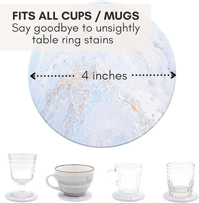 Ceramic Absorbent Coasters Set of 6 with Holder, Marble Drink Coasters for Coffee Table, Water-Absorbing Stone Coasters, White (Marble Design)