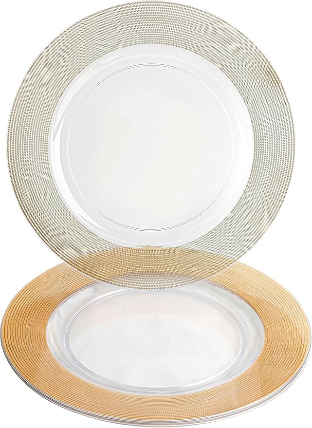 PARTY BARGAINS 13-Inch Charger Plates - 4 Pack, Clear Gold Rope Textured Rim, Heavy-Duty Disposable Chargers for Elegant Dining - Ideal for Weddings and Formal Events