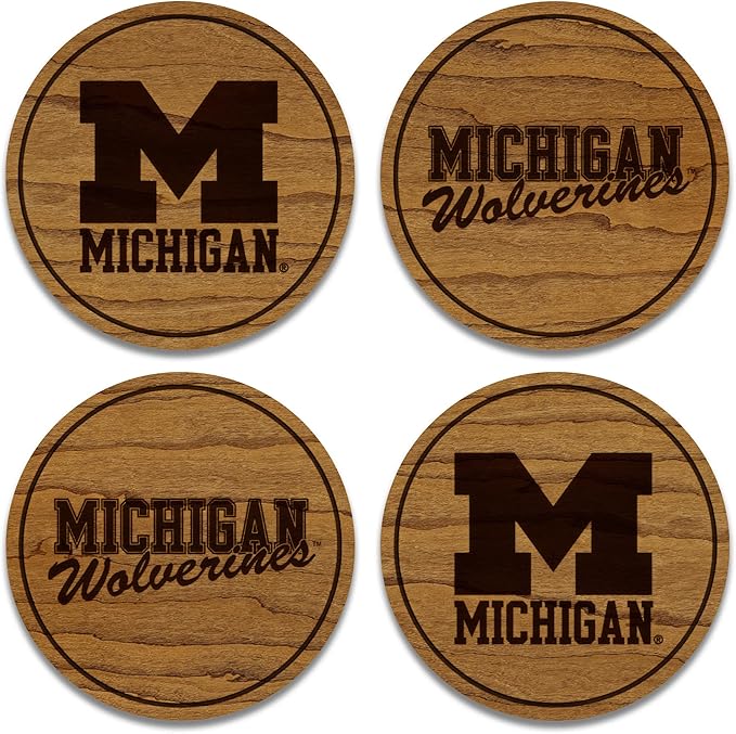 LazerEdge University of Michigan Wolverines Coaster Set - Cherry Wood - Officially Licensed Product - 4-Pack