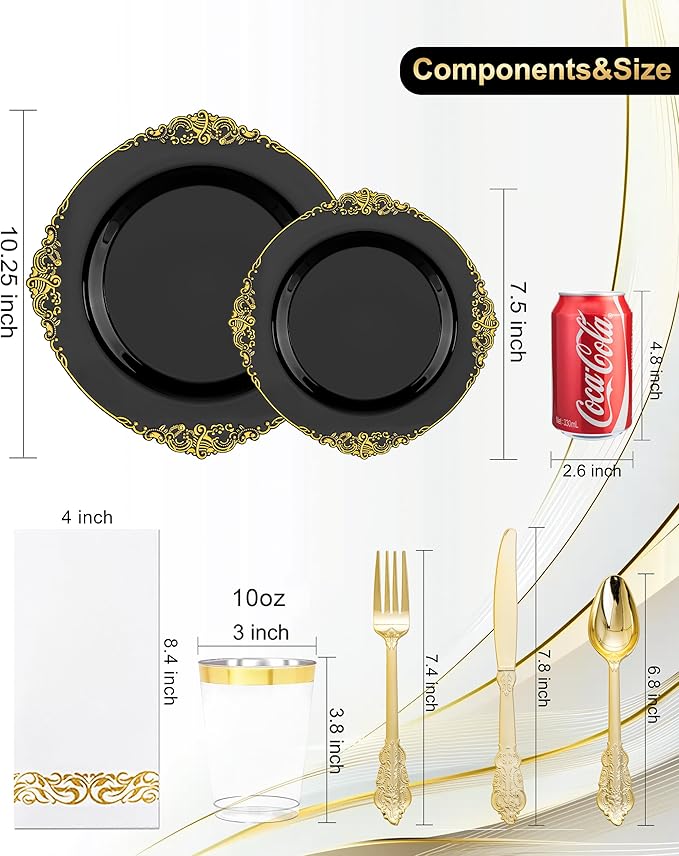 Nervure 350PCS Black Plastic Plates - Black Plastic Dinnerware Sets for 50 Guests - 100 Disposable Plates, 150 Gold Silverware, 50 Cups, 50 Napkins for Wedding & Party & New Year