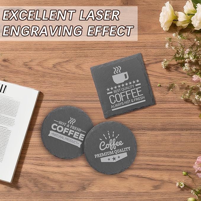 24pcs Slate Coasters, Black 4 Inch Bulk Blank Rock Coasters Blank Laser Engraving, Hand Painted DIY, Scratch Resistant Bottom (12*Square+12*Round)
