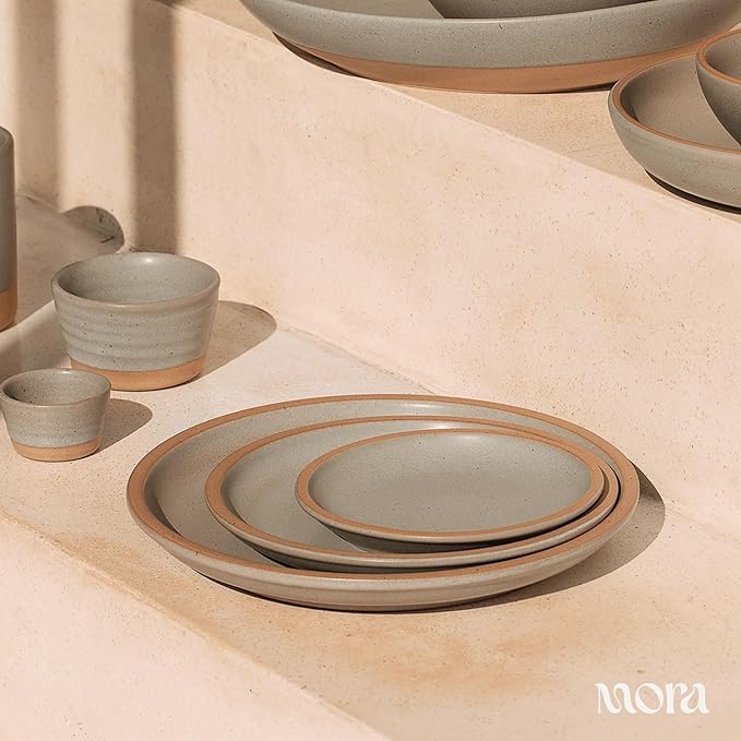 MORA Large Plates Set of 4, 10.5 inch Ceramic Pottery Dinner Plates - Microwave, Oven and Dishwasher Safe - Peppercorn