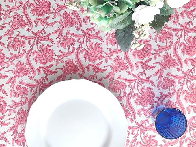 ATOSII Red Bloom 100% Cotton Rectangle Tablecloth, Block Print Floral Linen Table Cloth for Dining Parties Outdoors Weddings Holidays I 72 X 120 Inches, 10 Seater, Summer Farmhouse Grandmillennial