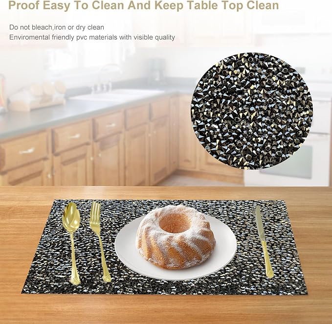 Round Placemats Set of 1 in Black Heat Resistant Circle Bling Washable Placemats for Dinner, Kitchen, Wedding, Decorative