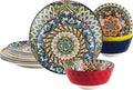 Henten Home Ceramic 12 Pieces Dinnerware Sets, Bohemia Dinner Plates, Soup Bowls, Porcelain Dinnerware Set for 4, Microwave & Dishwasher Safe, Scratch Resistant