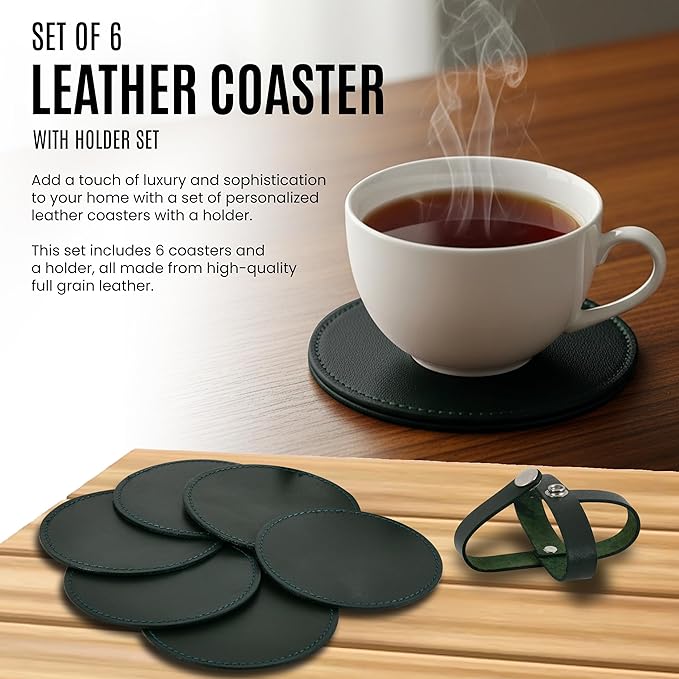 Genuine Leather, Premium Table Coasters by Leatherific, Round, 4 inch, Set of 6, with Holster, Handcrafted, Hand Made, Non Slip Drink Mats, Green (Forest Green, 4")