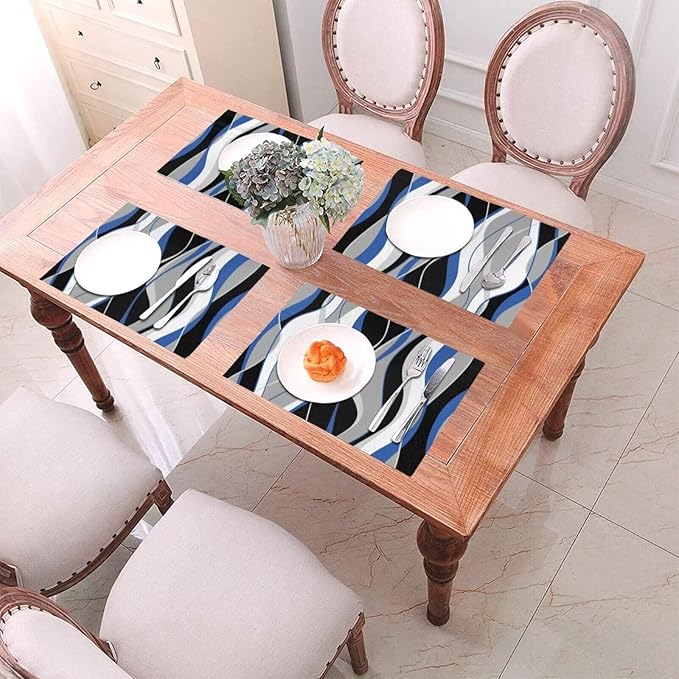 Placemats Set of 4 Black and Blue Place Mats White Grey Striped Modern Abstract Woven Table Mats Washable PVC Placemat for Dining Kitchen Decor Indoor Outdoor, 12 x 18 Inch