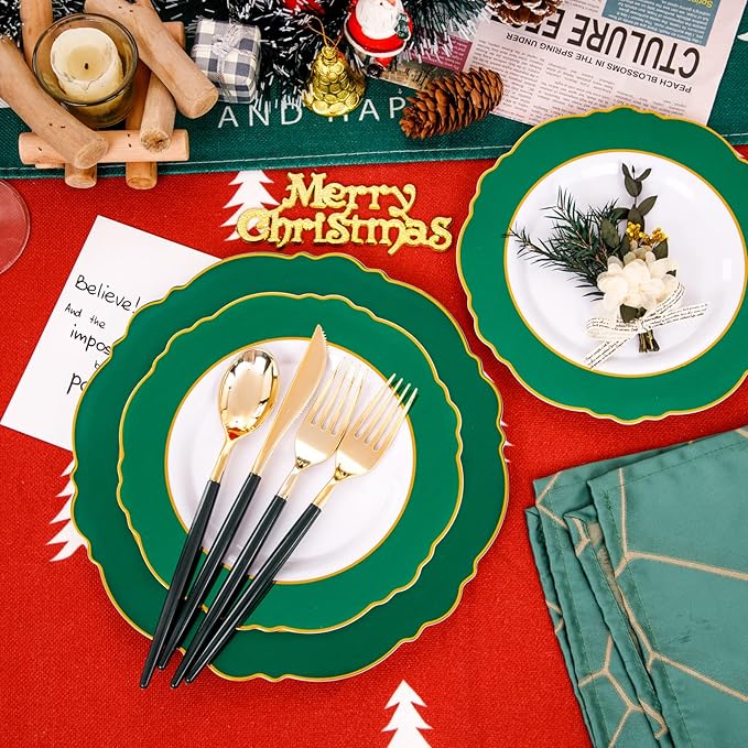 WDF 30Guest Christmas Plates Disposable - Gold Plastic Silverware With Green Handle - Baroque Green &Gold Plastic Dinnerware for Wedding Birthday Party St. Patrick’s Day