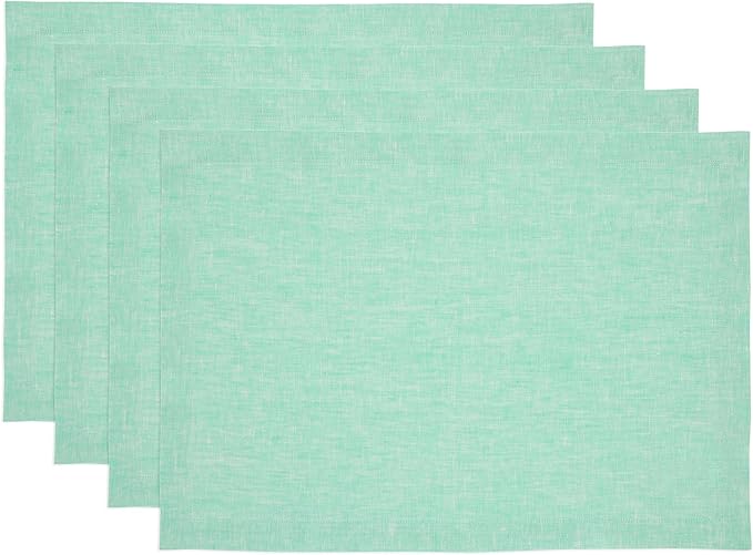Solino Home Linen Cloth Placemats Set of 4-100% Pure Linen Chambray Aqua Placemats 14 x 19 Inch for Winter, Spring, Easter - Athena