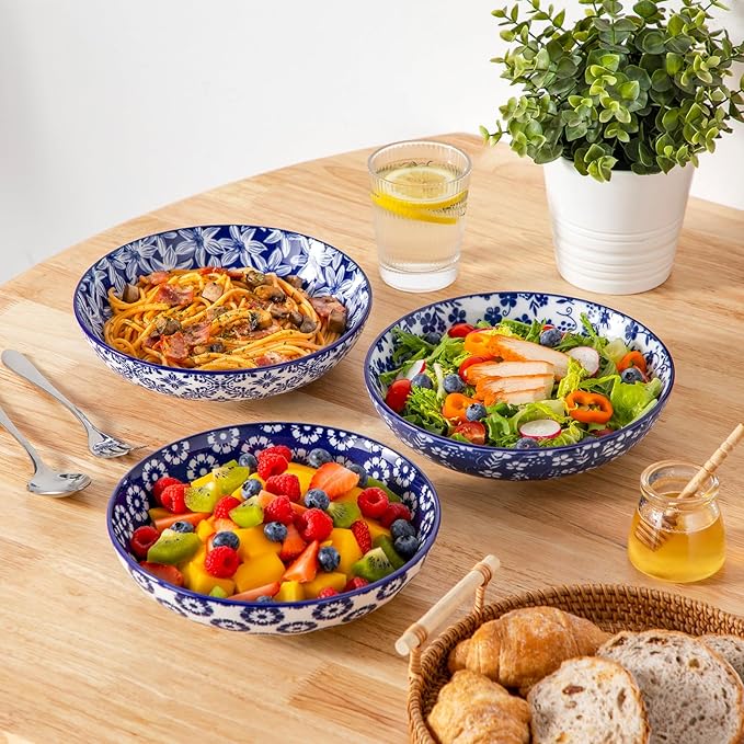 vancasso Selene 8.5" Pasta Bowls Set of 6, 40 oz Porcelain Shallow Salad Bowls, Serving Bowls Large Kitchen Bowl Plates Pasta Plates, Blue & White Floral Design, Microwave Safe