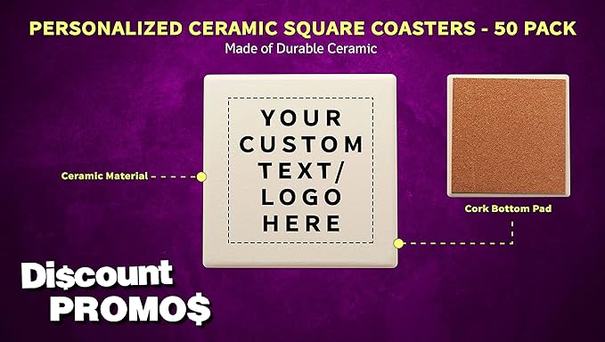 50 4" Square Ceramic Coasters Set - Customizable Text, Logo - Cork Bottom, Serve Ware - Natural