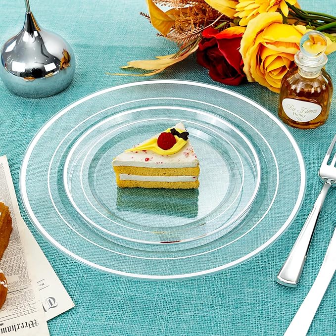 I00000 60PCS Silver Plastic Plates, Clear Plates with Silver Rim 10 Inch, Ideal for Weddings, Parties,Birthday