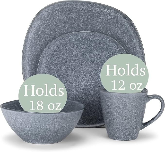Elanze Designs 16-Piece Modern Luxury Chic Smooth Vintage Handmade Shape Matte Finish Ceramic Stoneware Square Plate Mug & Bowl Kitchen Dinnerware 16 Piece Set - Service for 4, Dove Grey