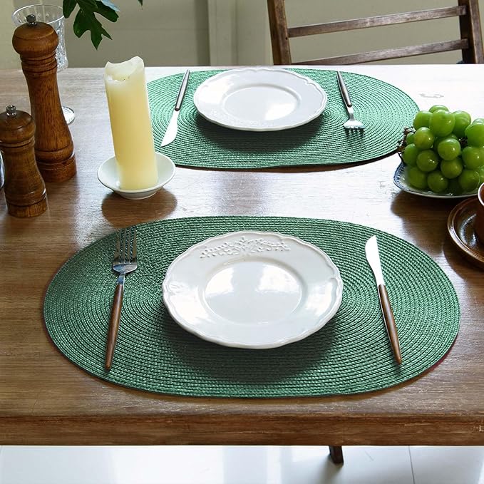 FunWheat Oval Braided Placemats Set of 4 Table Mats for Dining Tables Washable Heat Resistant Place Mats for Indoor Outdoor Use 12 x18 Inch(Oval Black Green, 4pcs)