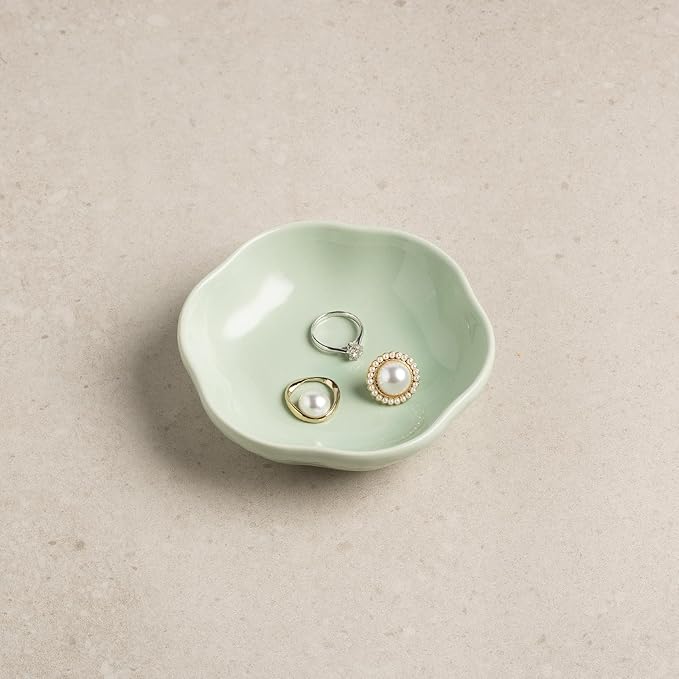 Ceramic Jewelry Tray Ring Holder Dish Floral Trinket Bowl for Women Girls Jewelry Organizer for Vanity Dresser Decor Wedding Birthday Gift for Her (green)