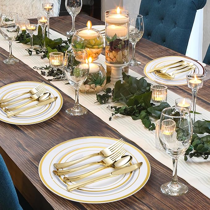BESTVIP 300PCS Gold Plastic Plate Set (50 Guests), Plastic Plates for Party Wedding Birthday, Disposable Dinnerware Set of 100 Plates, 100 Forks, 50 Spoons, 50 Knives for Christmas