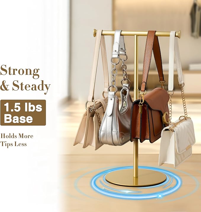 niffgaff T Bar Purse Display Stand Tabletop: Adjustable Height Handbag Holder, Countertop Hanging Rack for Long Necklace Scarf Lanyard, Gold